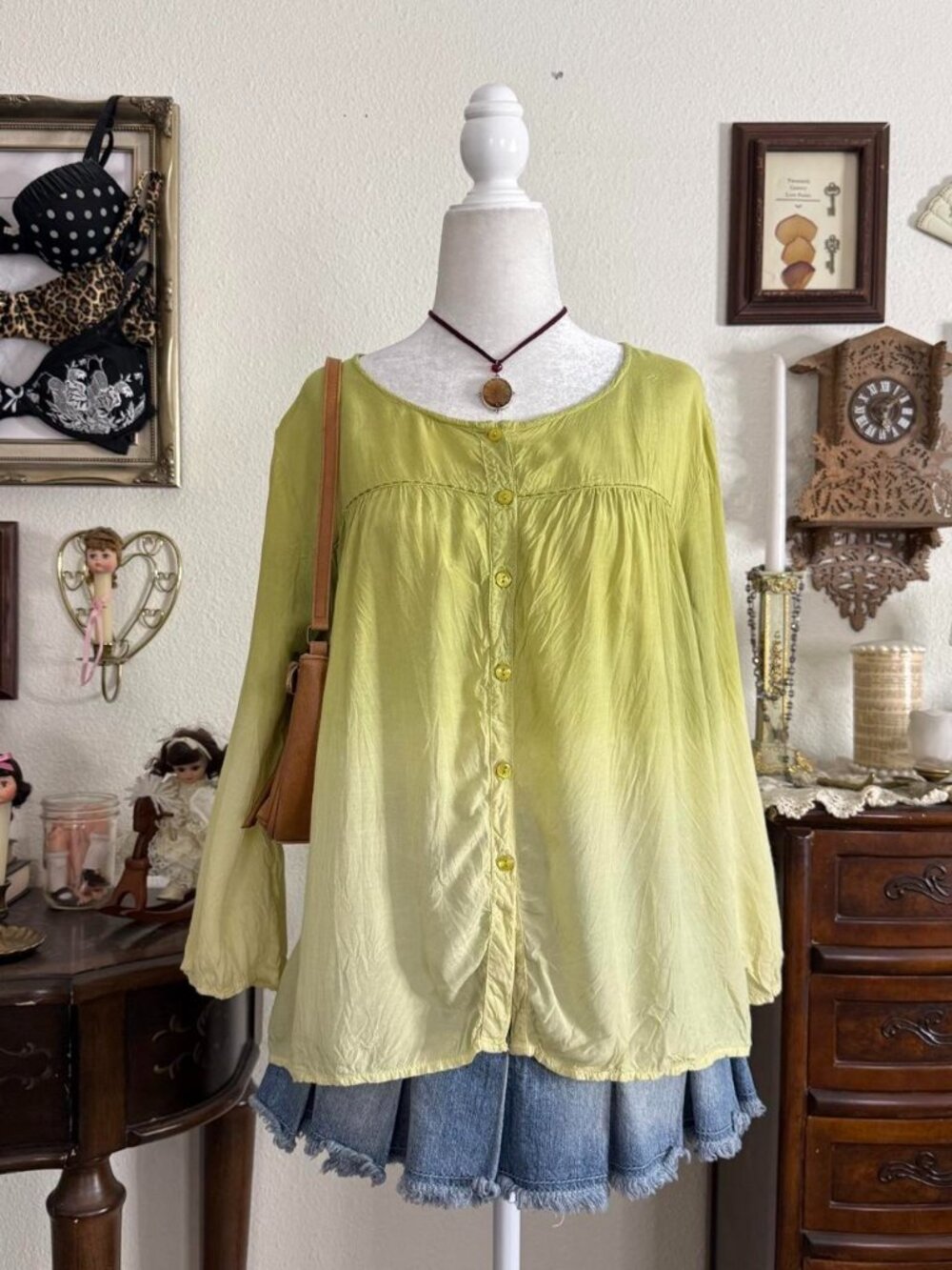 Boho whimsical fairy grunge green flowy blouse